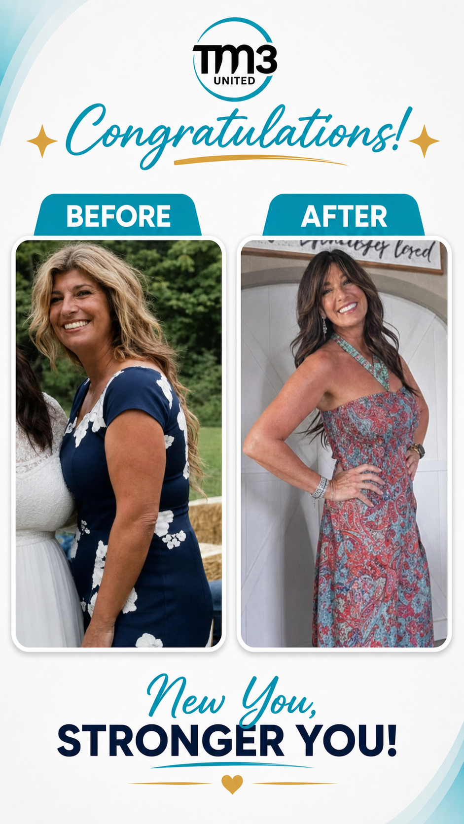 TM3 customer transformation in navy and floral dresses