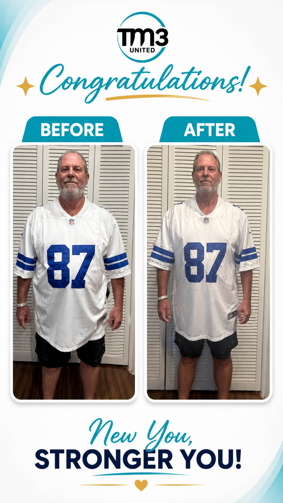 TM3 customer transformation wearing a number 87 jersey
