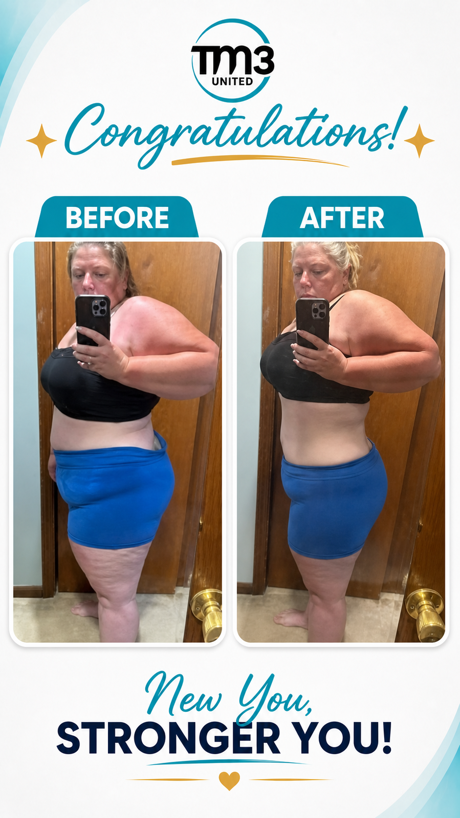 TM3 customer mirror transformation in blue shorts
